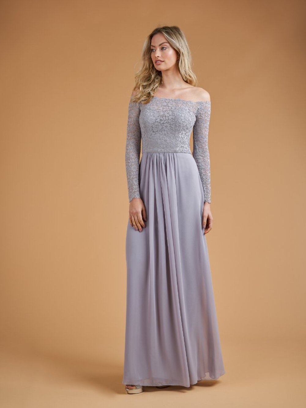 Gray Long Sleeve Lace & Chiffon Bridesmaid Dress Off Shoulder B2 Jasmine